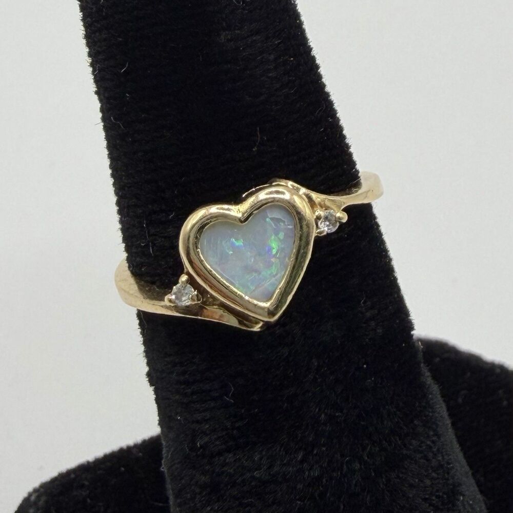 14K Gold Heart Opal & Diamond Ring Size 5.5 Vintage Fine Jewelry
